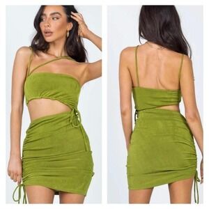 Princess Polly Cut Out Mini Dress Women's US 10 Olive Green Ruched‎ Drawstring